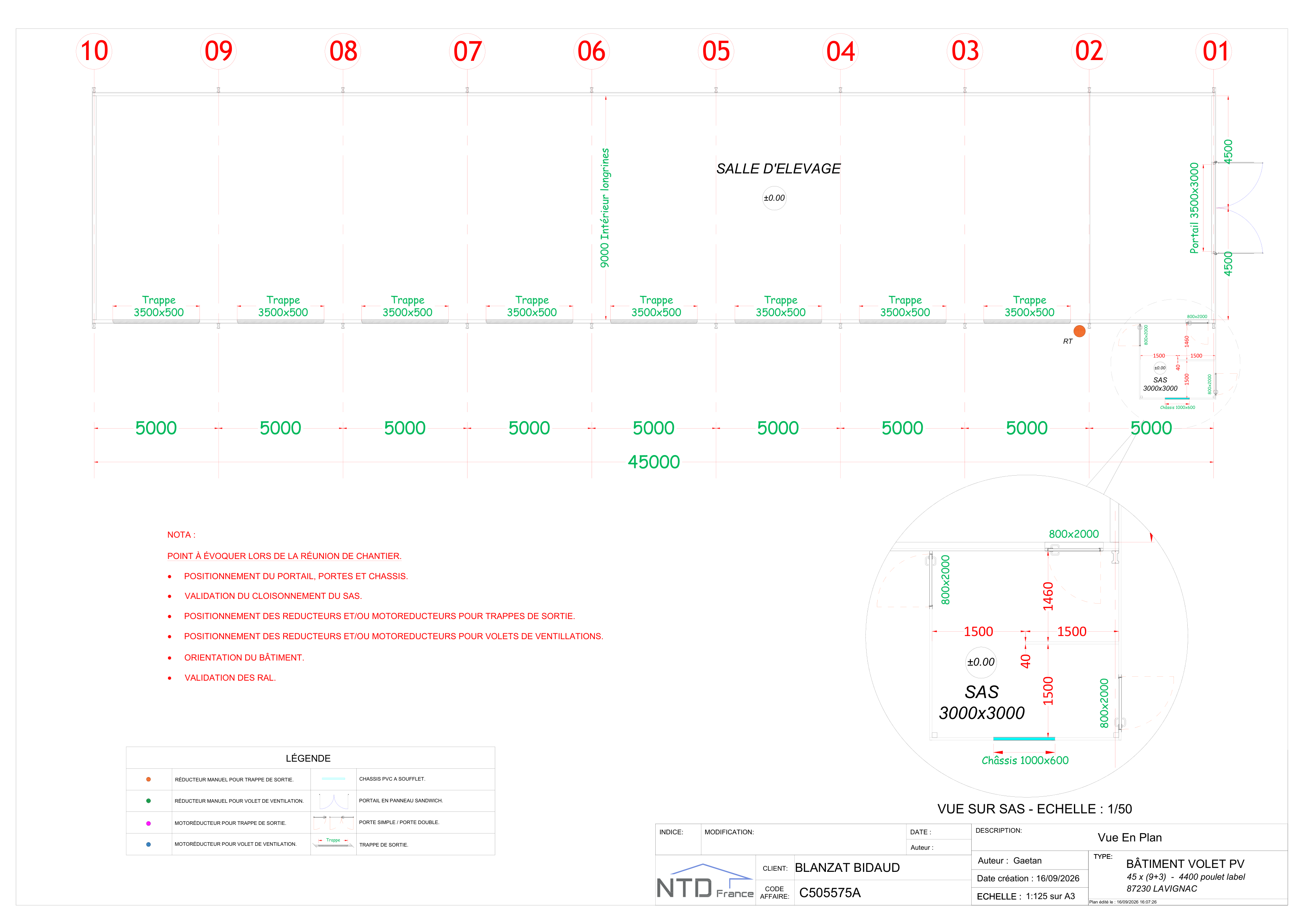Vue en plan — Bâtiment volet PV 45 × (9+3) — NTD C505575A